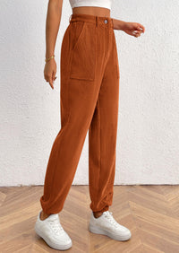 Elastic High Waisted Work Office Corduroy Casual Pants with Pockets