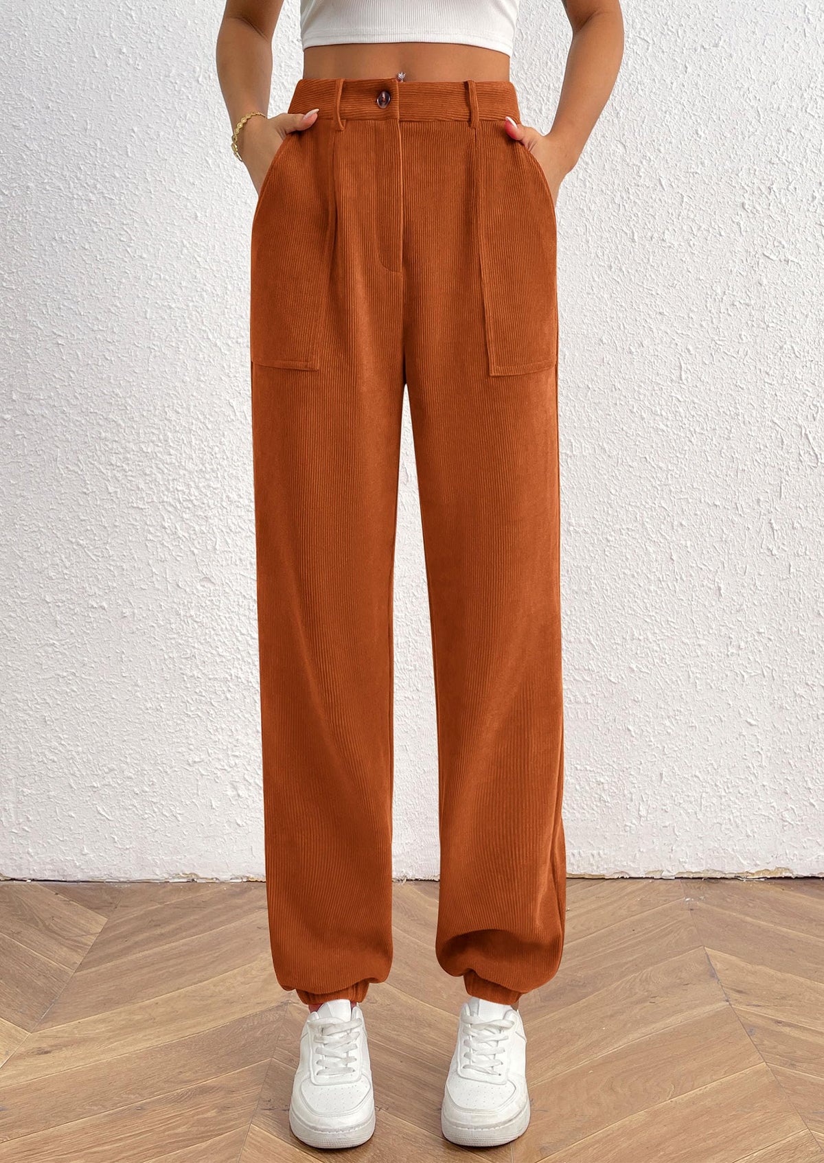 Elastic High Waisted Work Office Corduroy Casual Pants with Pockets