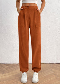 Elastic High Waisted Work Office Corduroy Casual Pants with Pockets