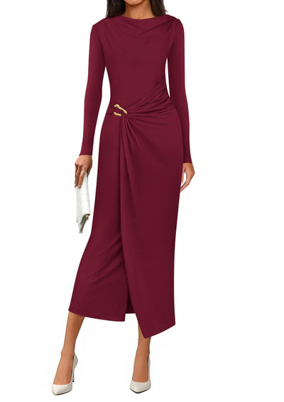 PRETTYGARDEN Women's Fall Wedding Guest Cocktail Midi Dresses Elegant Long Sleeve Bodycon Ruched Dress Fashion Clothing PRETTYGARDEN