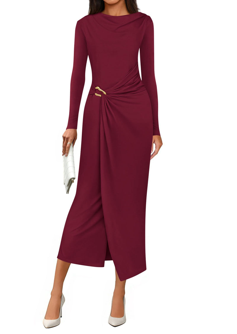 PRETTYGARDEN Women's Fall Wedding Guest Cocktail Midi Dresses Elegant Long Sleeve Bodycon Ruched Dress Fashion Clothing PRETTYGARDEN