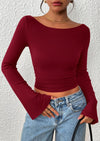 PRETTYGARDEN Women's Long Sleeve Shirts Fall Going Out Tops Casual Boat Neck Bell Sleeve Ribbed Ruched Y2K Clothes