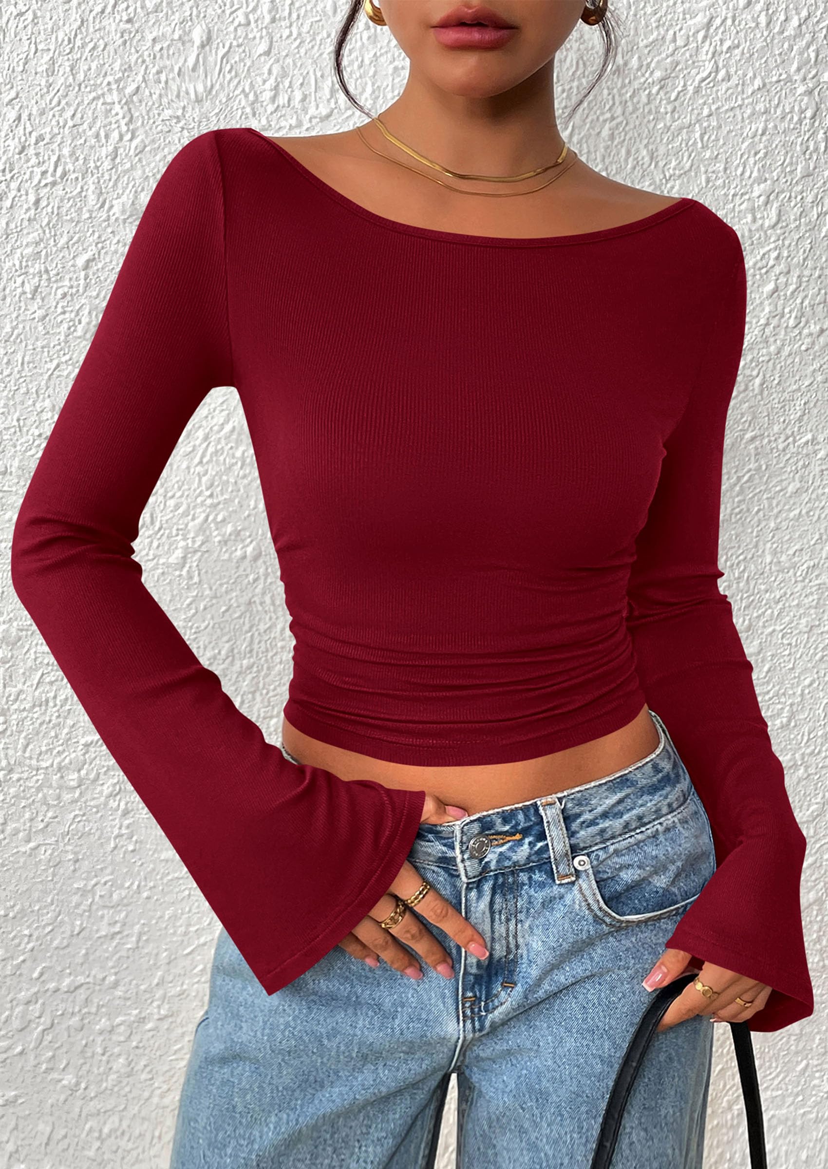 PRETTYGARDEN Women's Long Sleeve Shirts Fall Going Out Tops Casual Boat Neck Bell Sleeve Ribbed Ruched Y2K Clothes