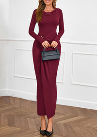 PRETTYGARDEN Women's Fall Wedding Guest Cocktail Midi Dresses Elegant Long Sleeve Bodycon Ruched Dress Fashion Clothing PRETTYGARDEN