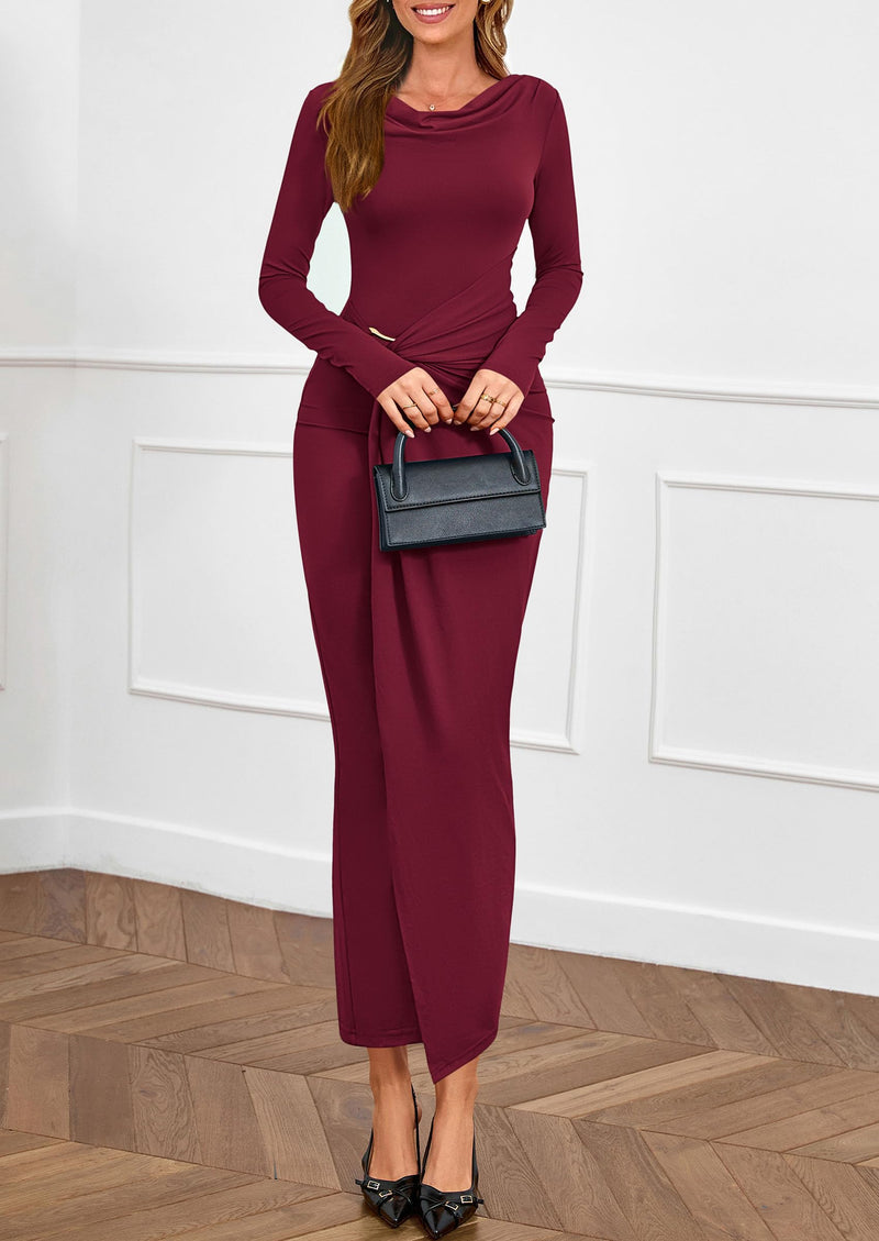 PRETTYGARDEN Women's Fall Wedding Guest Cocktail Midi Dresses Elegant Long Sleeve Bodycon Ruched Dress Fashion Clothing PRETTYGARDEN