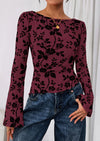 PRETTYGARDEN Women Long Sleeve Floral Mesh Tops Blouse  Fall Trendy Boat Neck Ruched Fitted Shirt Going Out Date Outfits