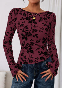 PRETTYGARDEN Women Long Sleeve Floral Mesh Tops Blouse  Fall Trendy Boat Neck Ruched Fitted Shirt Going Out Date Outfits