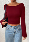 PRETTYGARDEN Women's Long Sleeve Shirts Fall Going Out Tops Casual Boat Neck Bell Sleeve Ribbed Ruched Y2K Clothes