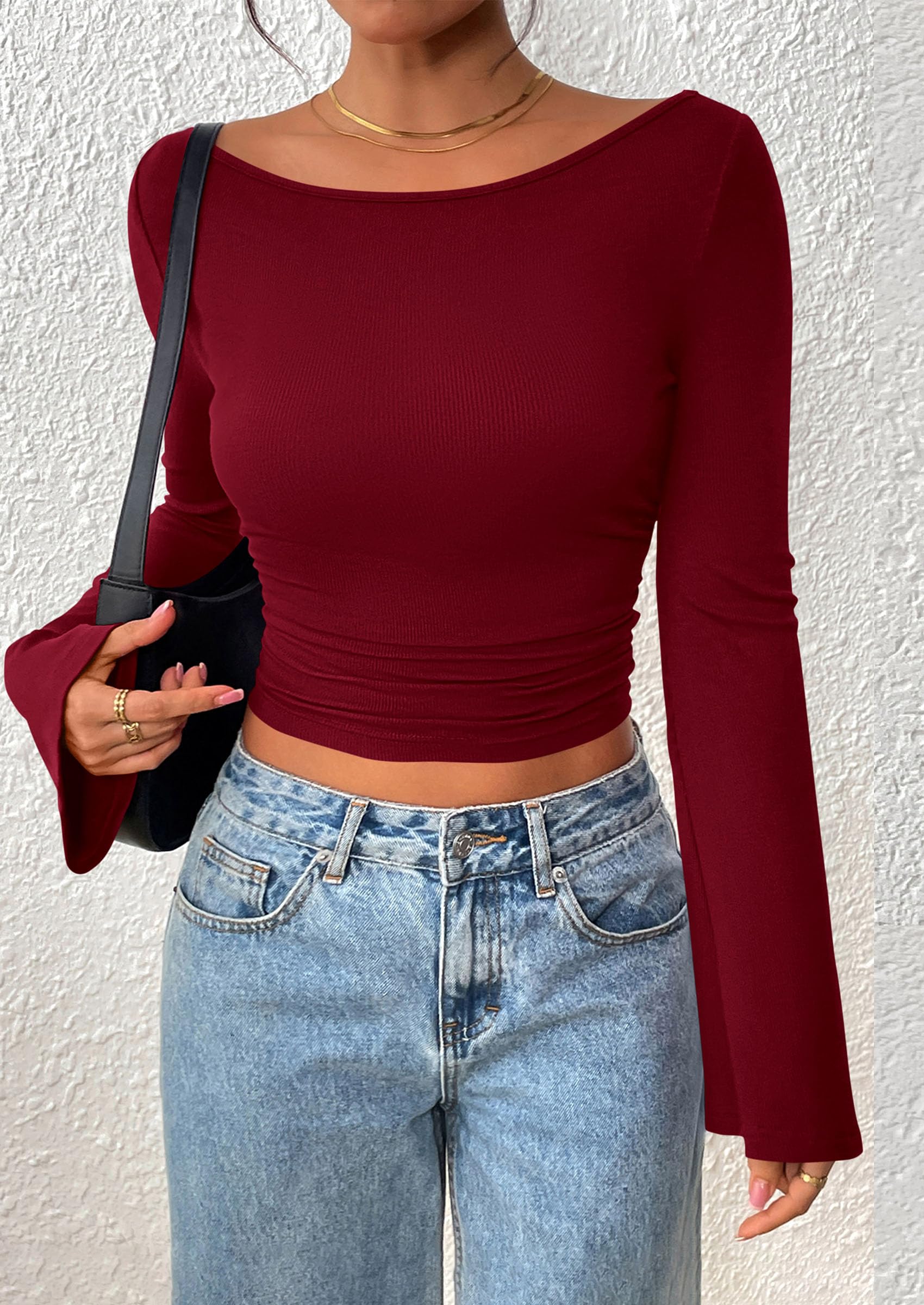 PRETTYGARDEN Women's Long Sleeve Shirts Fall Going Out Tops Casual Boat Neck Bell Sleeve Ribbed Ruched Y2K Clothes