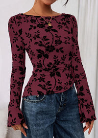 PRETTYGARDEN Women Long Sleeve Floral Mesh Tops Blouse  Fall Trendy Boat Neck Ruched Fitted Shirt Going Out Date Outfits