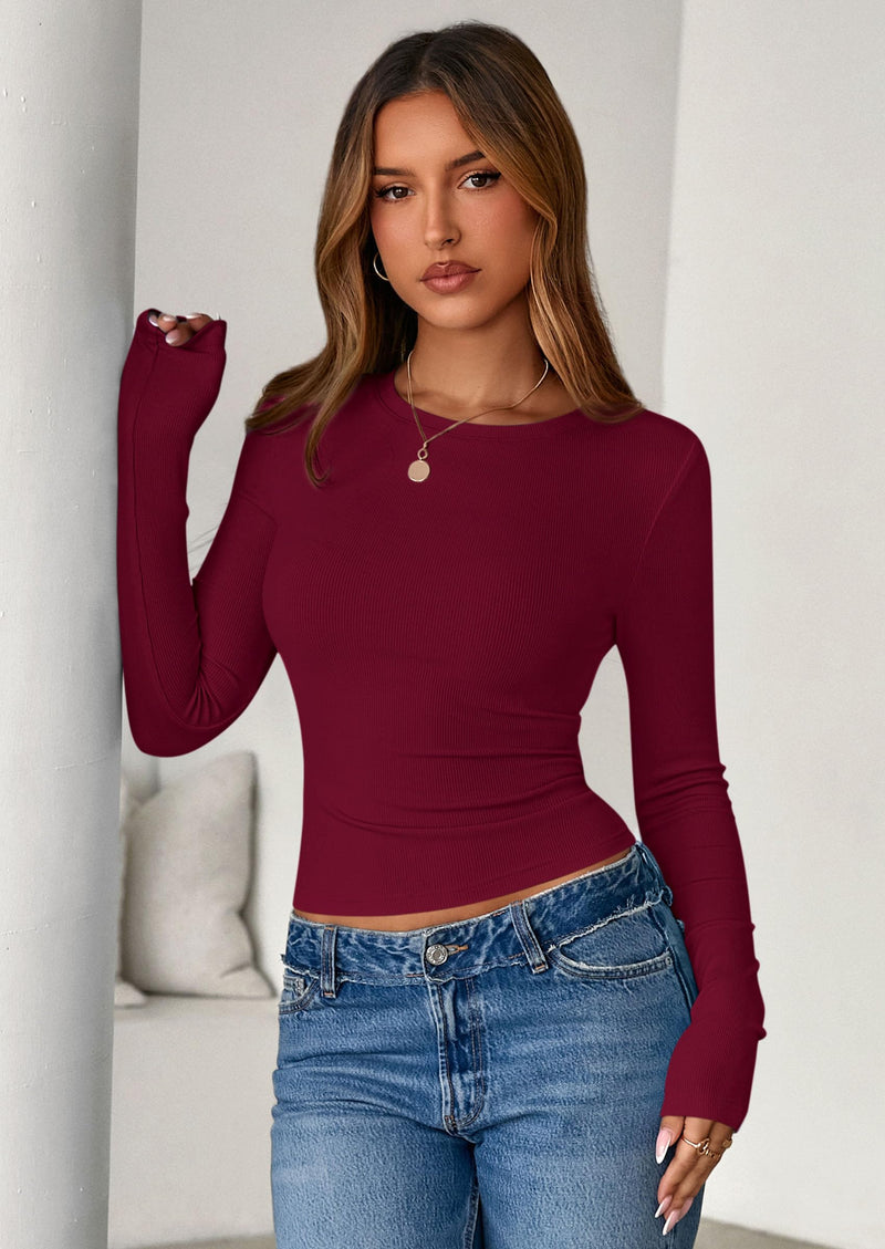 PRETTYGARDEN Womens Summer Fall Long Sleeve Shirts Ribbed Knit Fitted Basic Tee Going Out Tops Underscrub Casual Outfits