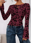 PRETTYGARDEN Women Long Sleeve Floral Mesh Tops Blouse  Fall Trendy Boat Neck Ruched Fitted Shirt Going Out Date Outfits