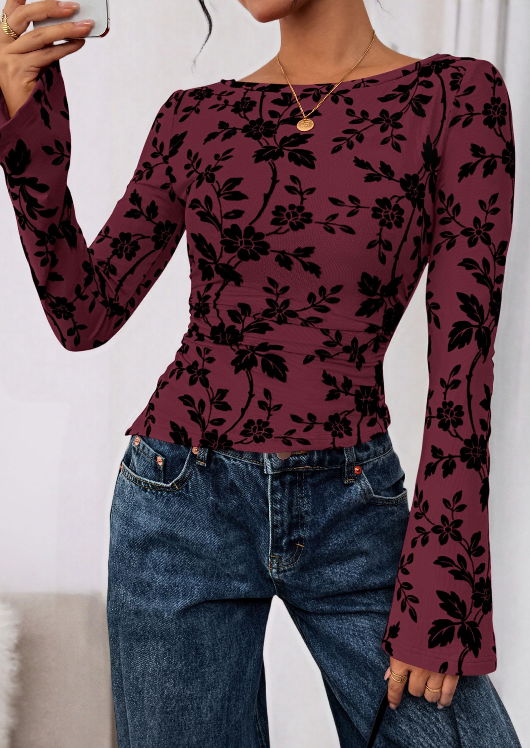 PRETTYGARDEN Women Long Sleeve Floral Mesh Tops Blouse  Fall Trendy Boat Neck Ruched Fitted Shirt Going Out Date Outfits