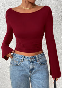 PRETTYGARDEN Women's Long Sleeve Shirts Fall Going Out Tops Casual Boat Neck Bell Sleeve Ribbed Ruched Y2K Clothes