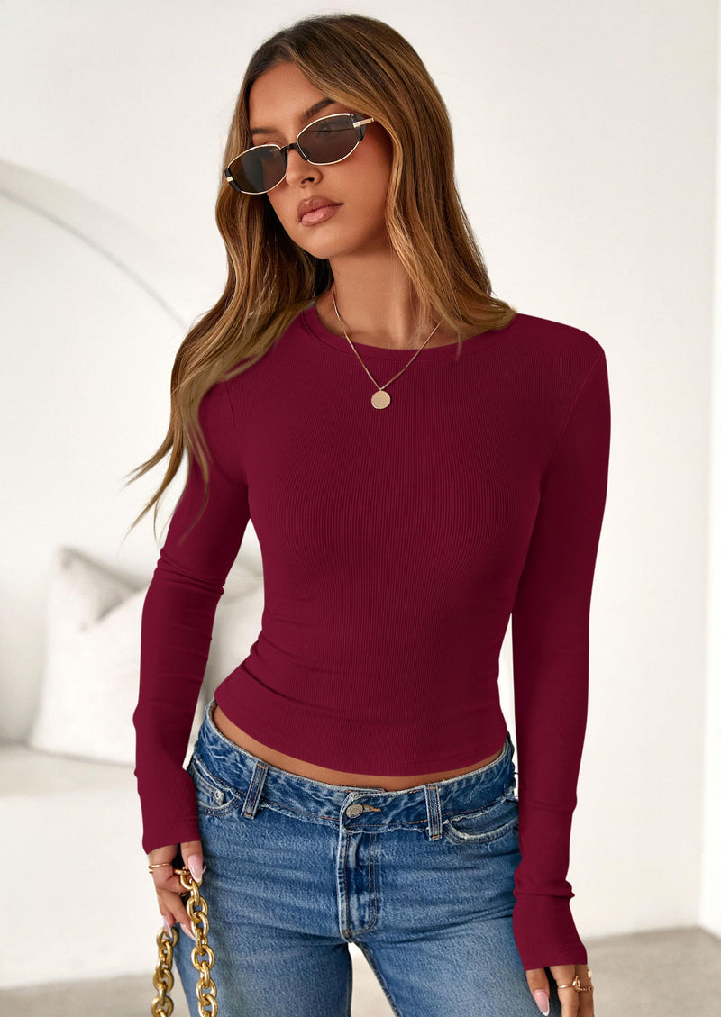 PRETTYGARDEN Womens Summer Fall Long Sleeve Shirts Ribbed Knit Fitted Basic Tee Going Out Tops Underscrub Casual Outfits