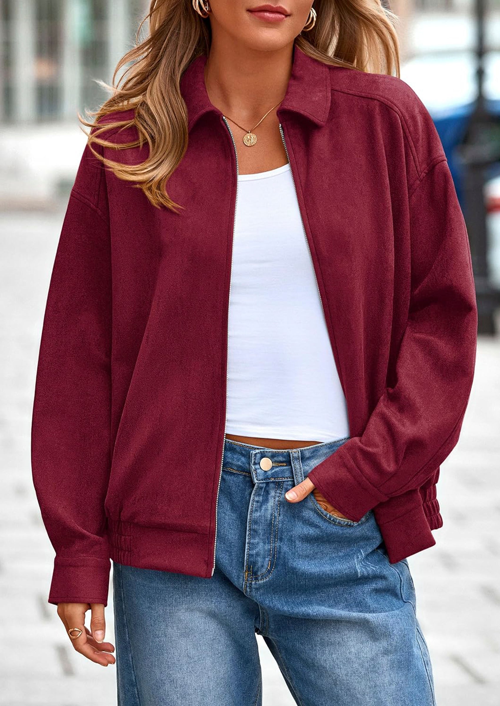 PRETTYGARDEN Women's Faux Suede Motorcycle Jacket Trendy Fall Fashion Oversized Zip Up Coats Winter Clothes Outerwear