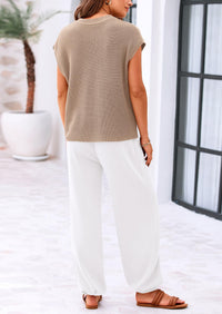 Knit Pullover Tops And High Waisted Pants Two Piece Sets