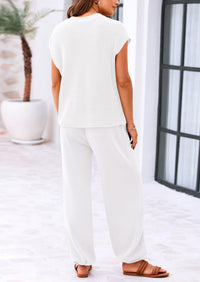 Knit Pullover Tops And High Waisted Pants Two Piece Sets