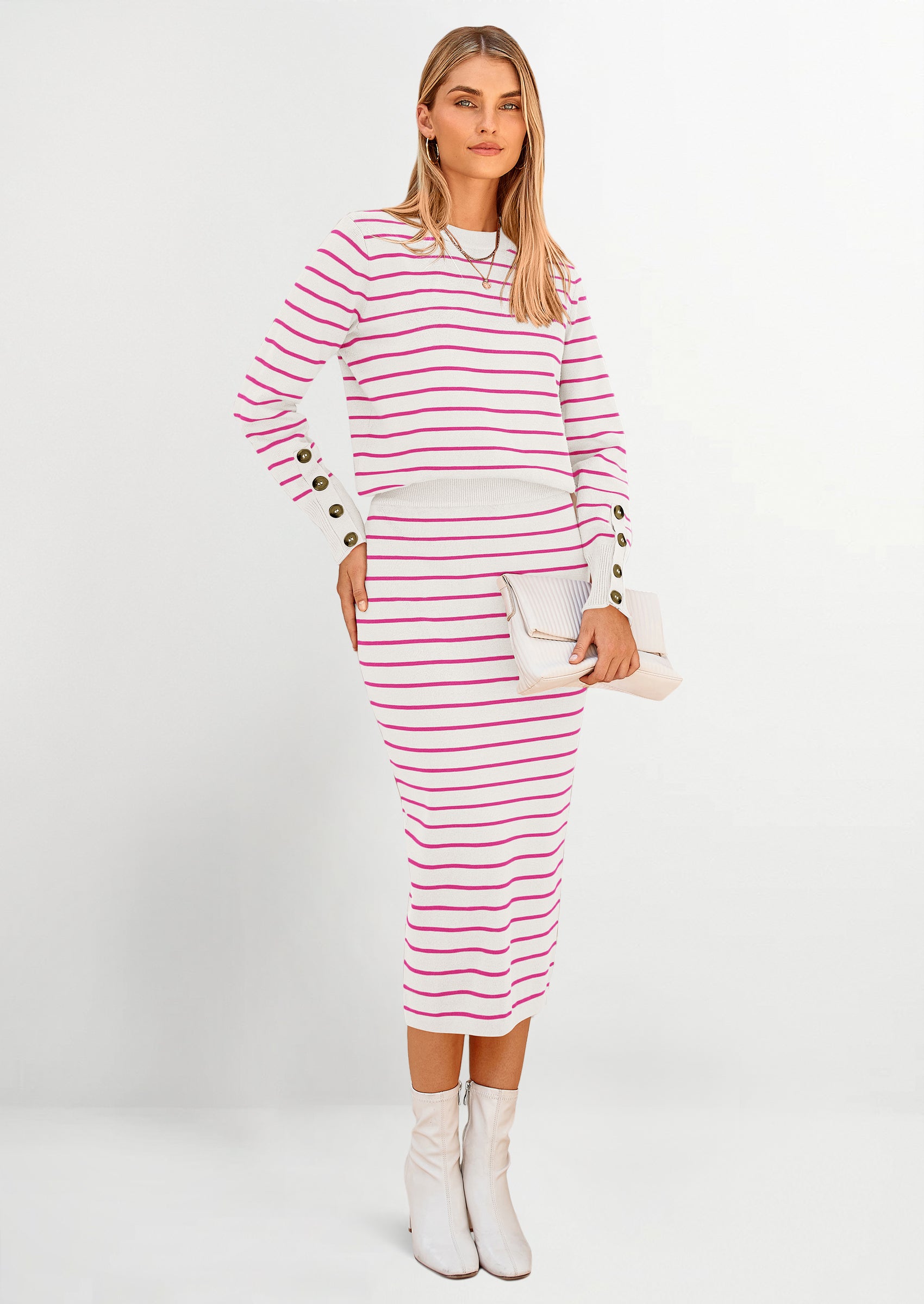 PRETTYGARDEN 2 Piece Skirts Sets For Women Fall Fashion Striped Sweater Dress Knit Lounge Travel Outfits Winter Clothing