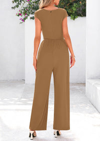Dressy Ribbed Cap Sleeve Wide Leg Pants Elegant Casual Jumpsuits