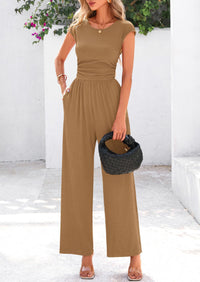 Dressy Ribbed Cap Sleeve Wide Leg Pants Elegant Casual Jumpsuits