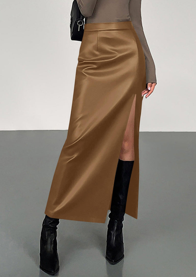 PRETTYGARDEN Womens Faux Leather Skirt Fall Bodycon High Waisted Slit Dressy Casual Winter Maxi Long Pencil Skirts