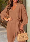 PRETTYGARDEN Women's Fall Jumpsuits Dressy Casual Pants Romper Spring Long Sleeve V Neck Belt Pockets One Piece Outfits