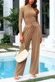 Long Sleeve Crop Top Wide Leg Palazzo Pants Two Piece Sets