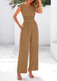 Dressy Ribbed Cap Sleeve Wide Leg Pants Elegant Casual Jumpsuits