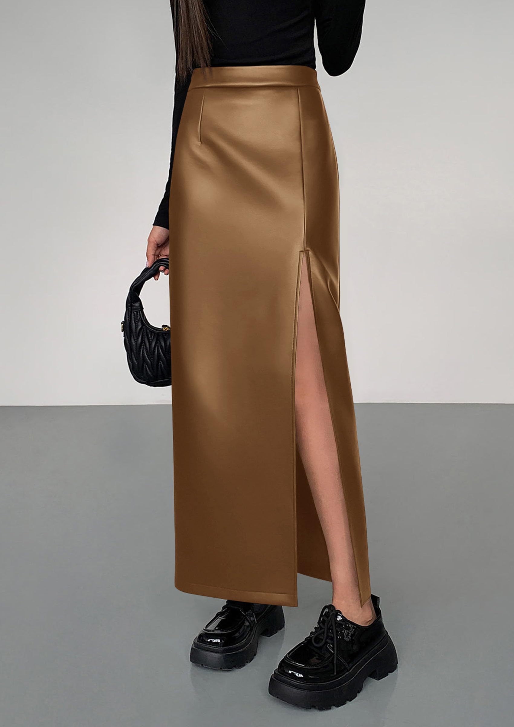 PRETTYGARDEN Womens Faux Leather Skirt Fall Bodycon High Waisted Slit Dressy Casual Winter Maxi Long Pencil Skirts