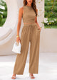 Ribbed Knit Sleeveless Crop Tank Tops Wide Leg Casual Pants Two Piece Sets