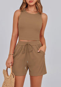 Solid Color Casual Sleeveless Two Piece Sets