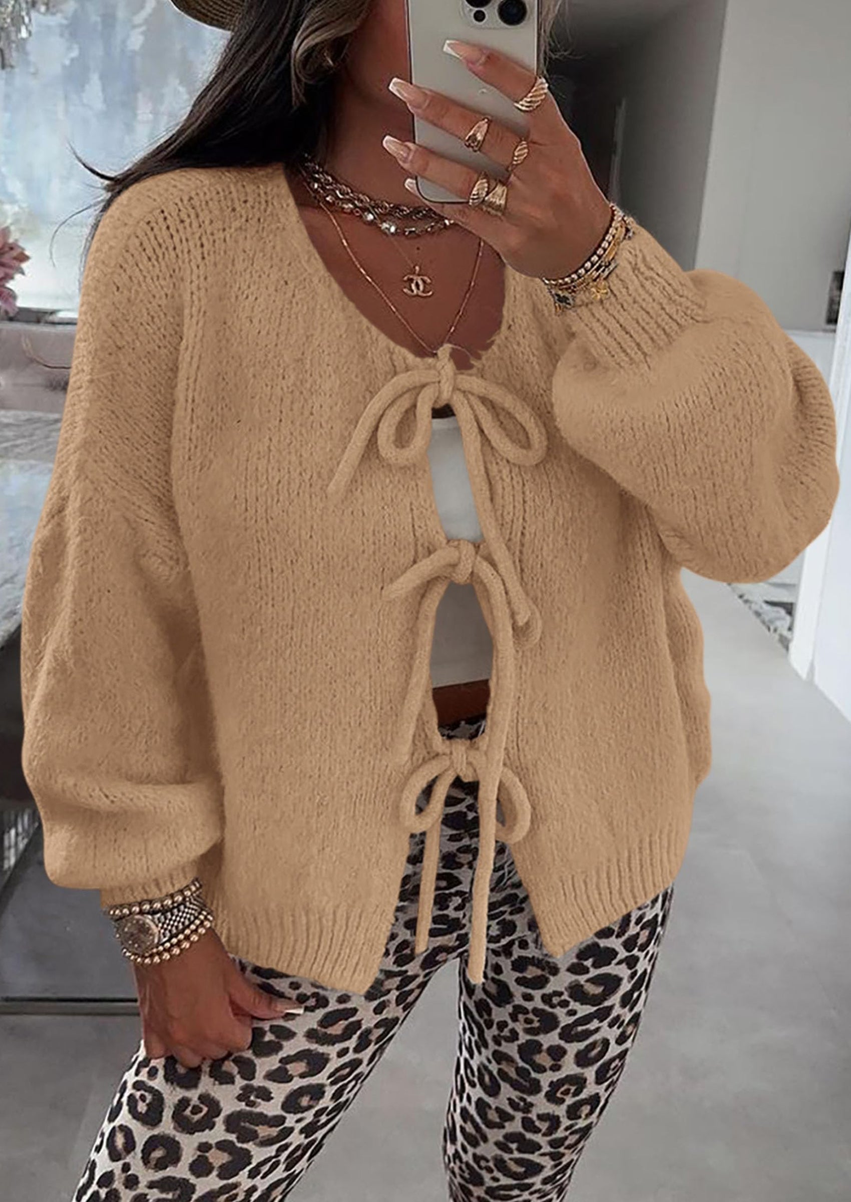 PRETTYGARDEN Women's Tie Front Bow Cardigan Sweaters Chunky Knit Long Puff Sleeve Trendy Fall Winter Jacket Coats