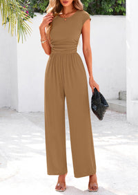 Dressy Ribbed Cap Sleeve Wide Leg Pants Elegant Casual Jumpsuits