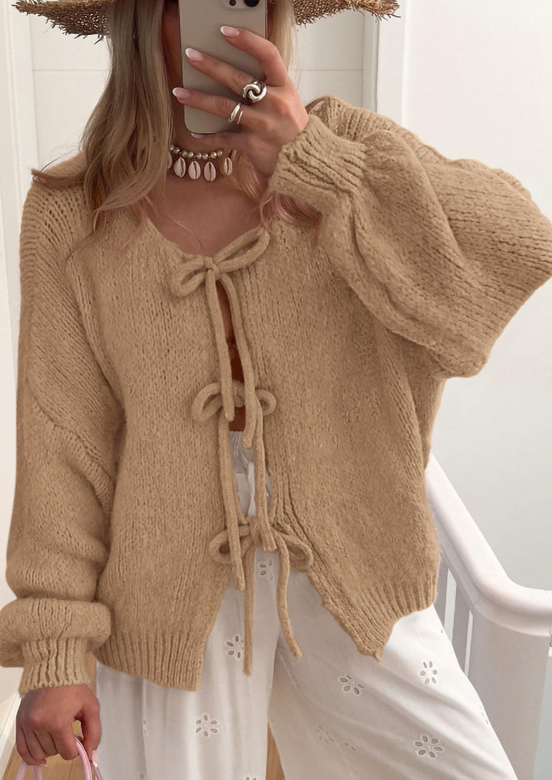 PRETTYGARDEN Women's Tie Front Bow Cardigan Sweaters Chunky Knit Long Puff Sleeve Trendy Fall Winter Jacket Coats