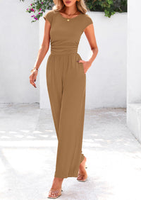 Dressy Ribbed Cap Sleeve Wide Leg Pants Elegant Casual Jumpsuits