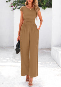 Dressy Ribbed Cap Sleeve Wide Leg Pants Elegant Casual Jumpsuits