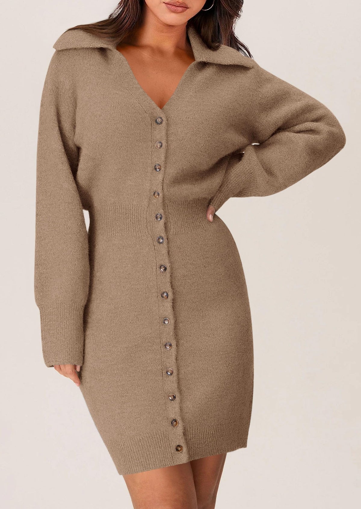 Long Sleeve V Neck Button Down Knit Pullover Sweater Dresses