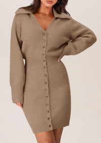 Long Sleeve V Neck Button Down Knit Pullover Sweater Dresses