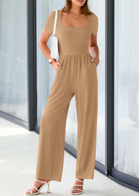 PRETTYGARDEN Casual Short Sleeve Square Neck Wide Leg Jumpsuit Rompers