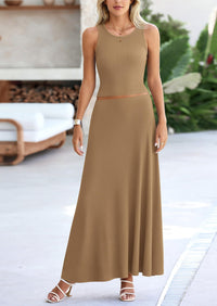 Casual Knit Cropped Tank Top High Waisted Skirt 2 Piece Sets