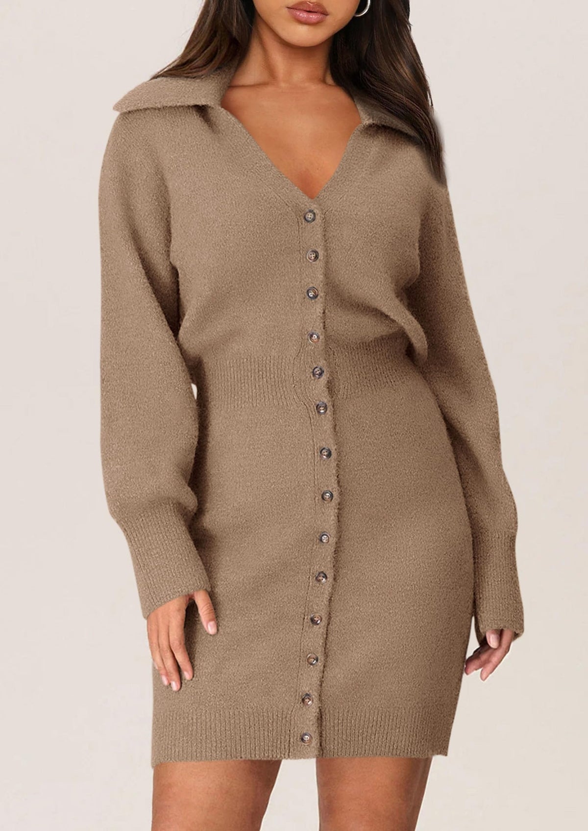Long Sleeve V Neck Button Down Knit Pullover Sweater Dresses