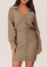 Long Sleeve V Neck Button Down Knit Pullover Sweater Dresses