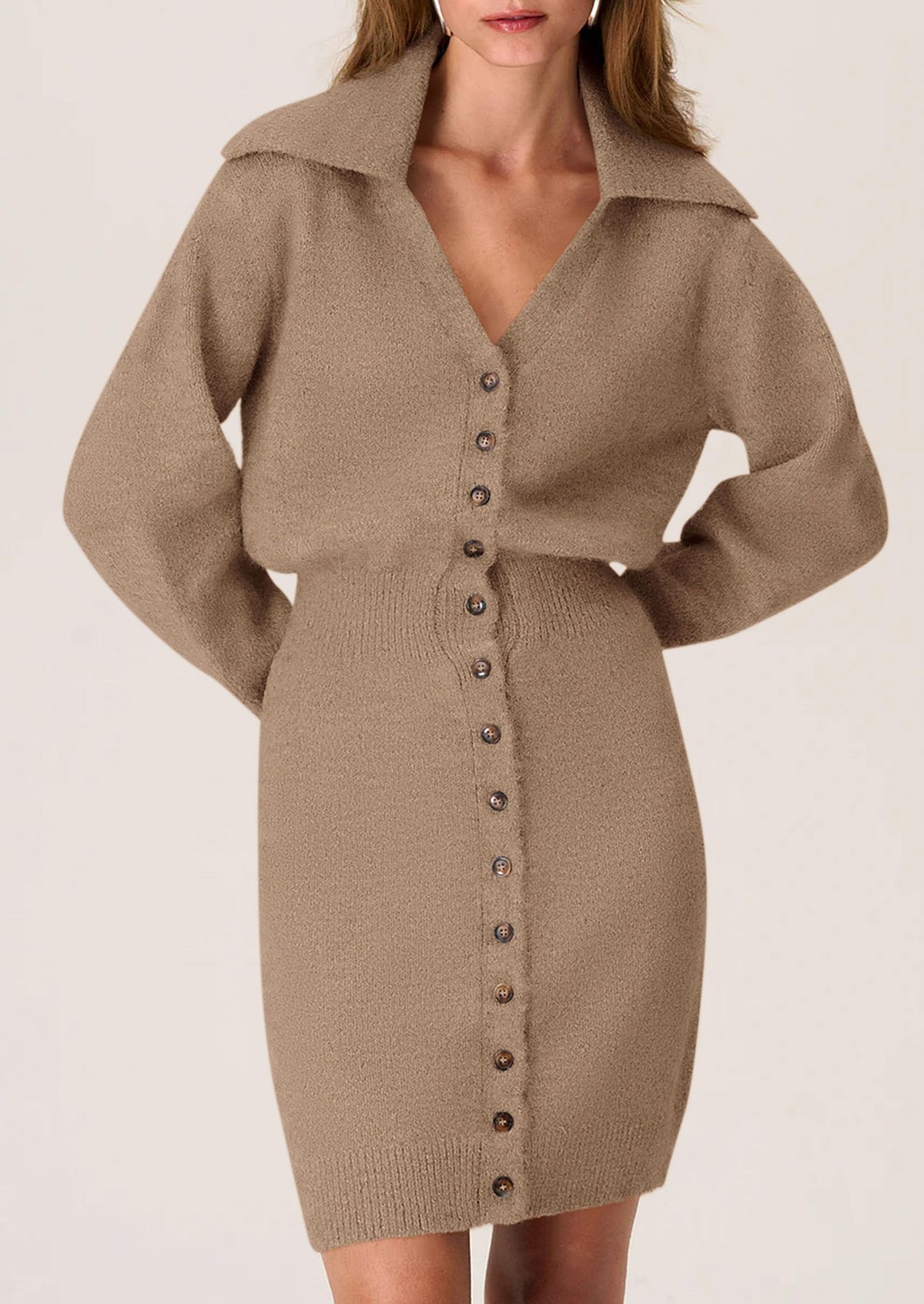Long Sleeve V Neck Button Down Knit Pullover Sweater Dresses