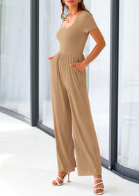 PRETTYGARDEN Casual Short Sleeve Square Neck Wide Leg Jumpsuit Rompers