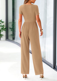 PRETTYGARDEN Casual Short Sleeve Square Neck Wide Leg Jumpsuit Rompers