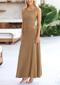 Casual Knit Cropped Tank Top High Waisted Skirt 2 Piece Sets