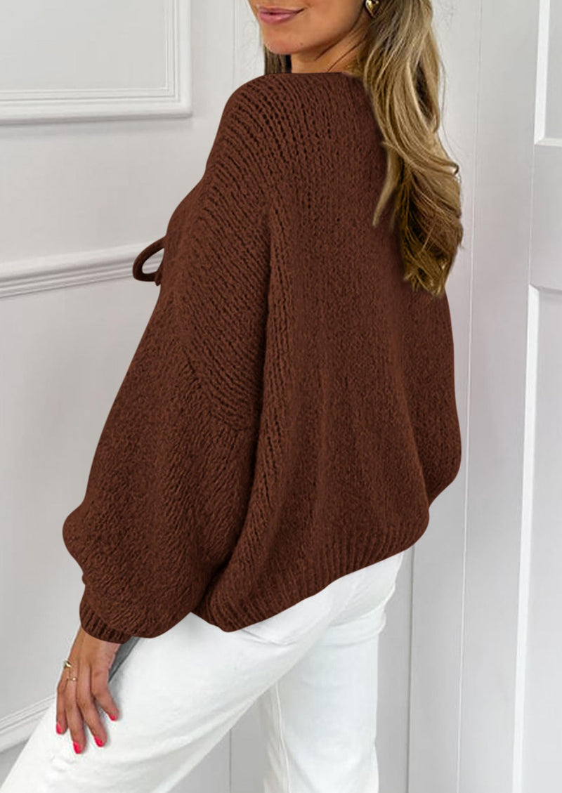 PRETTYGARDEN Women's Tie Front Bow Cardigan Sweaters Chunky Knit Long Puff Sleeve Trendy Fall Winter Jacket Coats