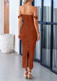 Off The Shoulder Ruched Bodycon Sleeveless Split Maxi Dresses