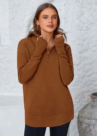 PRETTYGARDEN Womens Long Sleeve Quarter Zip Pullover Sweater Casual Loose V Neck Collared Ribbed Knit Jumper Tops Thumb Hole